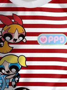 THE POWERPUFF GIRLS X SHEIN 女嬰條紋卡通印花圓領衛衣聖誕款 - 白色 - 查看 4