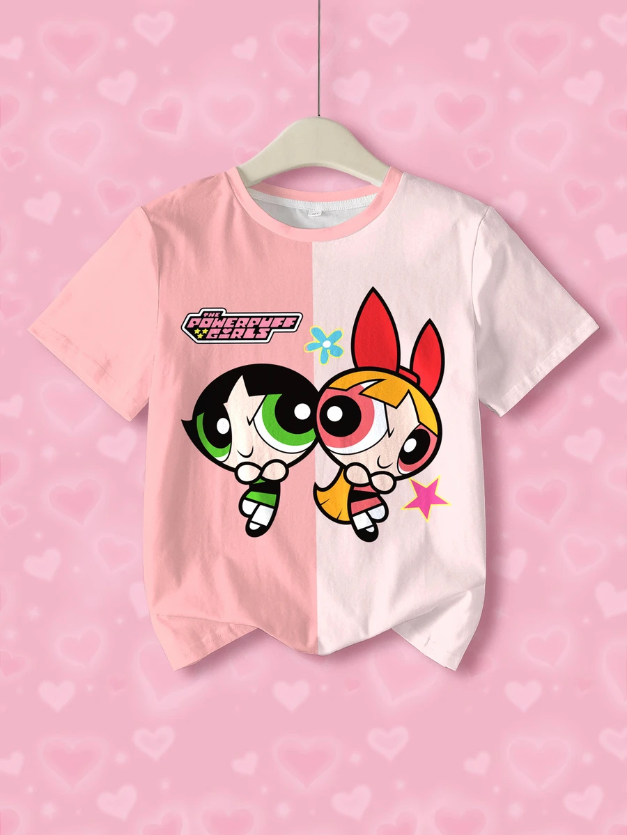 THE POWERPUFF GIRLS X SHEIN Tween Girl Cartoon Print Short Sleeve T-Shirt - White - View 1