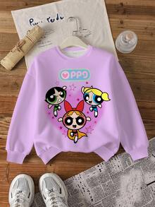 THE POWERPUFF GIRLS X SHEIN Tween Girl Cute Cartoon Print Round Neck Long Sleeve Sweatshirt - White - View 3