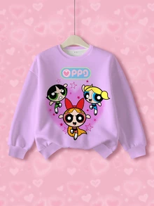 THE POWERPUFF GIRLS X SHEIN Tween Girl Cute Cartoon Print Round Neck Long Sleeve Sweatshirt - White - View 1