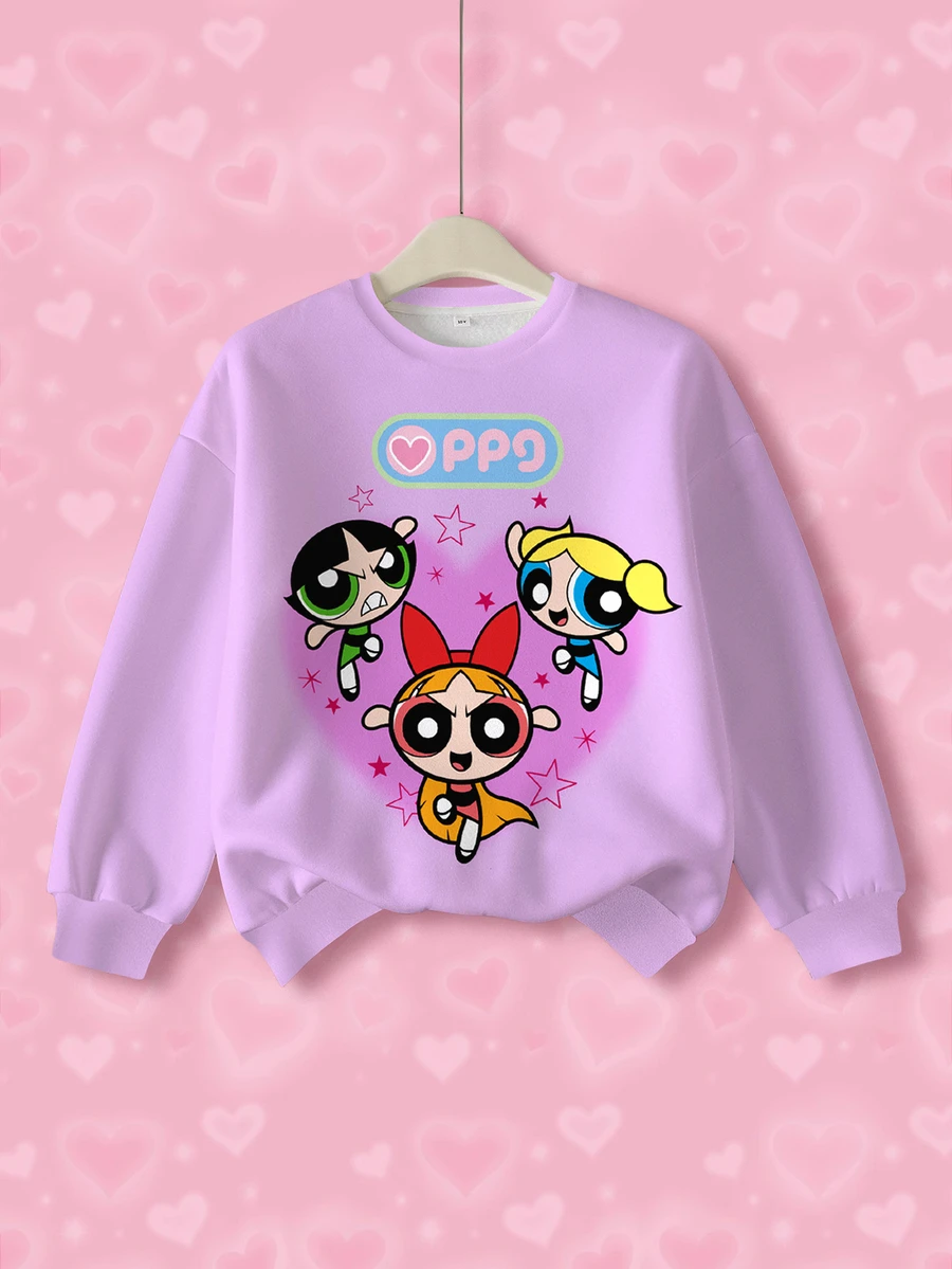 THE POWERPUFF GIRLS X SHEIN Tween Girl Cute Cartoon Print Round Neck Long Sleeve Sweatshirt - White - View 1