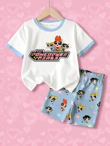 THE POWERPUFF GIRLS X SHEIN 少女卡通圖案圓領短袖T恤與休閒短褲套裝 - 白色 - 查看 1