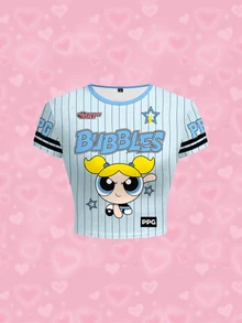 THE POWERPUFF GIRLS X SHEIN 女款夏季休閒條紋卡通印花修身短版T恤 - 白色 - 查看 1