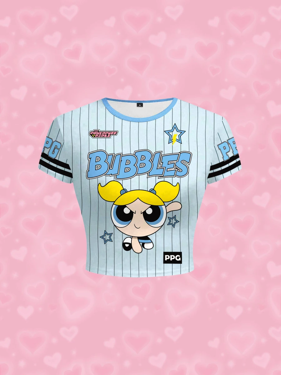 THE POWERPUFF GIRLS X SHEIN 女款夏季休閒條紋卡通印花修身短版T恤 - 白色 - 查看 1