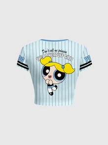 THE POWERPUFF GIRLS X SHEIN 女款夏季休閒條紋卡通印花修身短版T恤 - 白色 - 查看 6