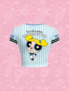 THE POWERPUFF GIRLS X SHEIN 女款夏季休閒條紋卡通印花修身短版T恤 - 白色 - 查看 2