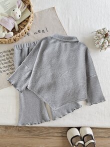 SHEIN 2件組女嬰可愛3D花朵裝飾高領長袖不對稱下擺上衣褲套裝 秋冬派對家庭拍照用 灰色 - 灰色 - 查看 2
