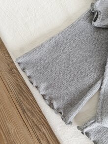 SHEIN 2件組女嬰可愛3D花朵裝飾高領長袖不對稱下擺上衣褲套裝 秋冬派對家庭拍照用 灰色 - 灰色 - 查看 10