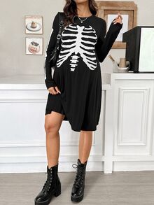 SHEIN Halloween, Gaun Kasual Hamil Lengan Panjang Leher Bulat Motif Tengkorak, Pola Tengkorak, Musim Gugur - Hitam - View 5