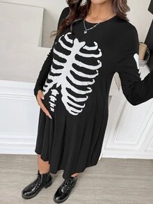 SHEIN Halloween, Gaun Kasual Hamil Lengan Panjang Leher Bulat Motif Tengkorak, Pola Tengkorak, Musim Gugur - Hitam - View 9