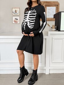 SHEIN Halloween, Gaun Kasual Hamil Lengan Panjang Leher Bulat Motif Tengkorak, Pola Tengkorak, Musim Gugur - Hitam - View 8