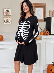 SHEIN Halloween, Gaun Kasual Hamil Lengan Panjang Leher Bulat Motif Tengkorak, Pola Tengkorak, Musim Gugur - Hitam - View 1