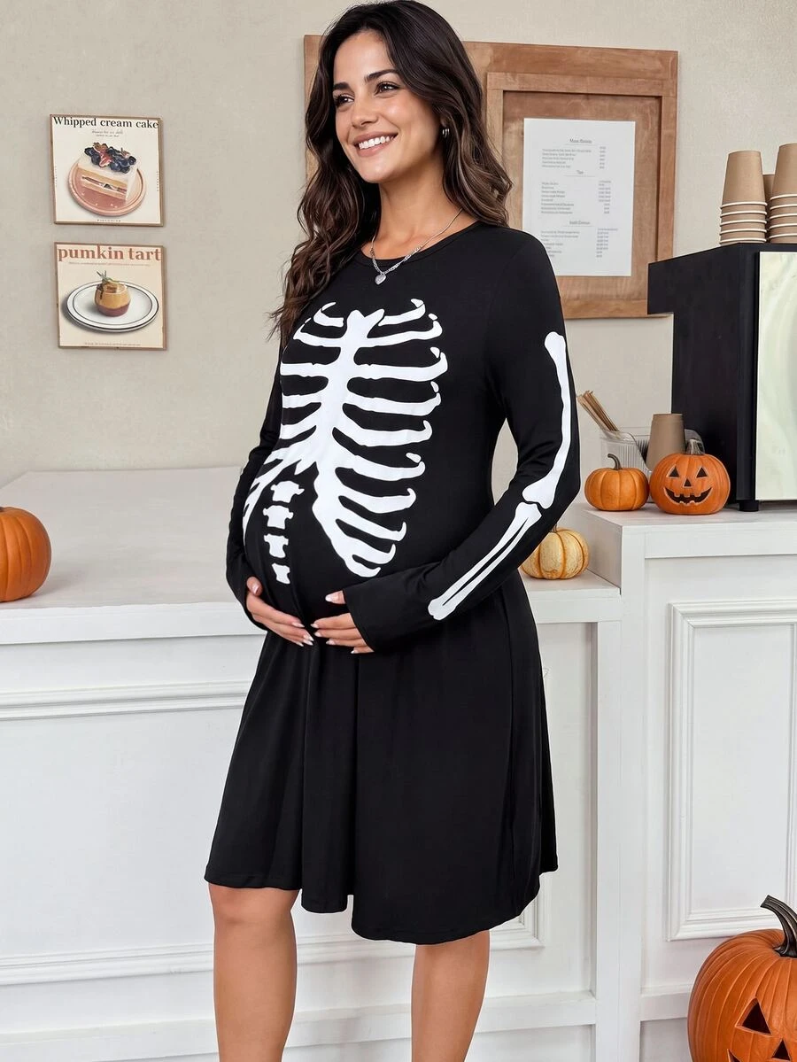 SHEIN Halloween, Gaun Kasual Hamil Lengan Panjang Leher Bulat Motif Tengkorak, Pola Tengkorak, Musim Gugur - Hitam - View 1