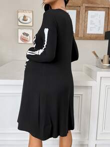 SHEIN Halloween, Gaun Kasual Hamil Lengan Panjang Leher Bulat Motif Tengkorak, Pola Tengkorak, Musim Gugur - Hitam - View 4