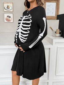 SHEIN Halloween, Gaun Kasual Hamil Lengan Panjang Leher Bulat Motif Tengkorak, Pola Tengkorak, Musim Gugur - Hitam - View 2