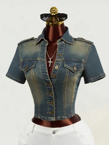 SHEIN Women's Fashionable Versatile Single-Breasted Short Sleeve Denim Jacket - Blue - View 1