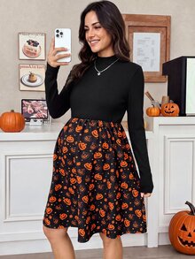 SHEIN Halloween,Maternity Vacation Pumpkin Print Colorblock Long Sleeve Dress Halloween,Bat,Ghost,Pumpkins - Multicolor - View 3