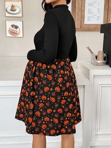 SHEIN Halloween,Maternity Vacation Pumpkin Print Colorblock Long Sleeve Dress Halloween,Bat,Ghost,Pumpkins - Multicolor - View 4