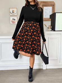 SHEIN Halloween,Maternity Vacation Pumpkin Print Colorblock Long Sleeve Dress Halloween,Bat,Ghost,Pumpkins - Multicolor - View 7