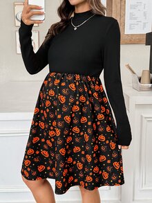 SHEIN Halloween,Maternity Vacation Pumpkin Print Colorblock Long Sleeve Dress Halloween,Bat,Ghost,Pumpkins - Multicolor - View 2