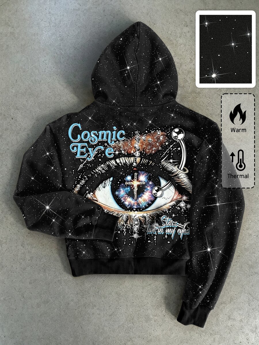 ROMWE MEN Men's Heavy Rhinestone Eye Print Streetwear Hoodie - Black - View 1