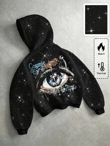 ROMWE MEN Men's Heavy Rhinestone Eye Print Streetwear Hoodie - Black - View 5