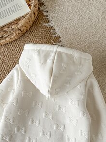 SHEIN 女嬰抓絨外套，甜美復古白色蝴蝶結圖案，毛絨內裡，長袖連帽，加厚戶外派對冬季聖誕秋季拉鍊式 - 杏色 - 查看 6