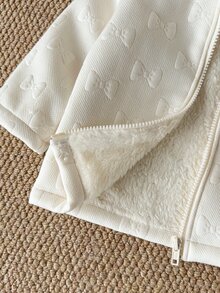 SHEIN 女嬰抓絨外套，甜美復古白色蝴蝶結圖案，毛絨內裡，長袖連帽，加厚戶外派對冬季聖誕秋季拉鍊式 - 杏色 - 查看 5