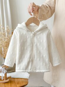 SHEIN 女嬰抓絨外套，甜美復古白色蝴蝶結圖案，毛絨內裡，長袖連帽，加厚戶外派對冬季聖誕秋季拉鍊式 - 杏色 - 查看 8
