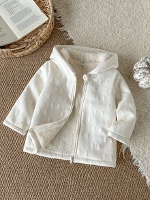 SHEIN 女嬰抓絨外套，甜美復古白色蝴蝶結圖案，毛絨內裡，長袖連帽，加厚戶外派對冬季聖誕秋季拉鍊式 - 杏色 - 查看 3