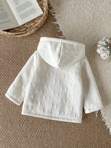 SHEIN 女嬰抓絨外套，甜美復古白色蝴蝶結圖案，毛絨內裡，長袖連帽，加厚戶外派對冬季聖誕秋季拉鍊式 - 杏色 - 查看 2