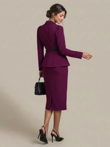 SHEIN Clasi 女款純色長袖夾克與長褲休閒通勤套裝 - 紫紅色 - 查看 3