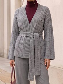 SHEIN Clasi 女款復古刺繡麻花針織長袖開襟衫 - 灰色 - 查看 6