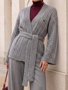 SHEIN Clasi 女款復古刺繡麻花針織長袖開襟衫 - 灰色 - 查看 4