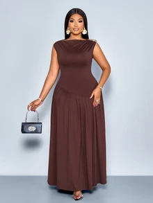 SOLERSUN Plus Size Women Summer Chocolate Brown Elegant Midi Dress, Autumn Sleeveless Slim Stretch Knit Pleated Shoulder Metal Buckle Casual Sexy - Coffee Brown - View 2