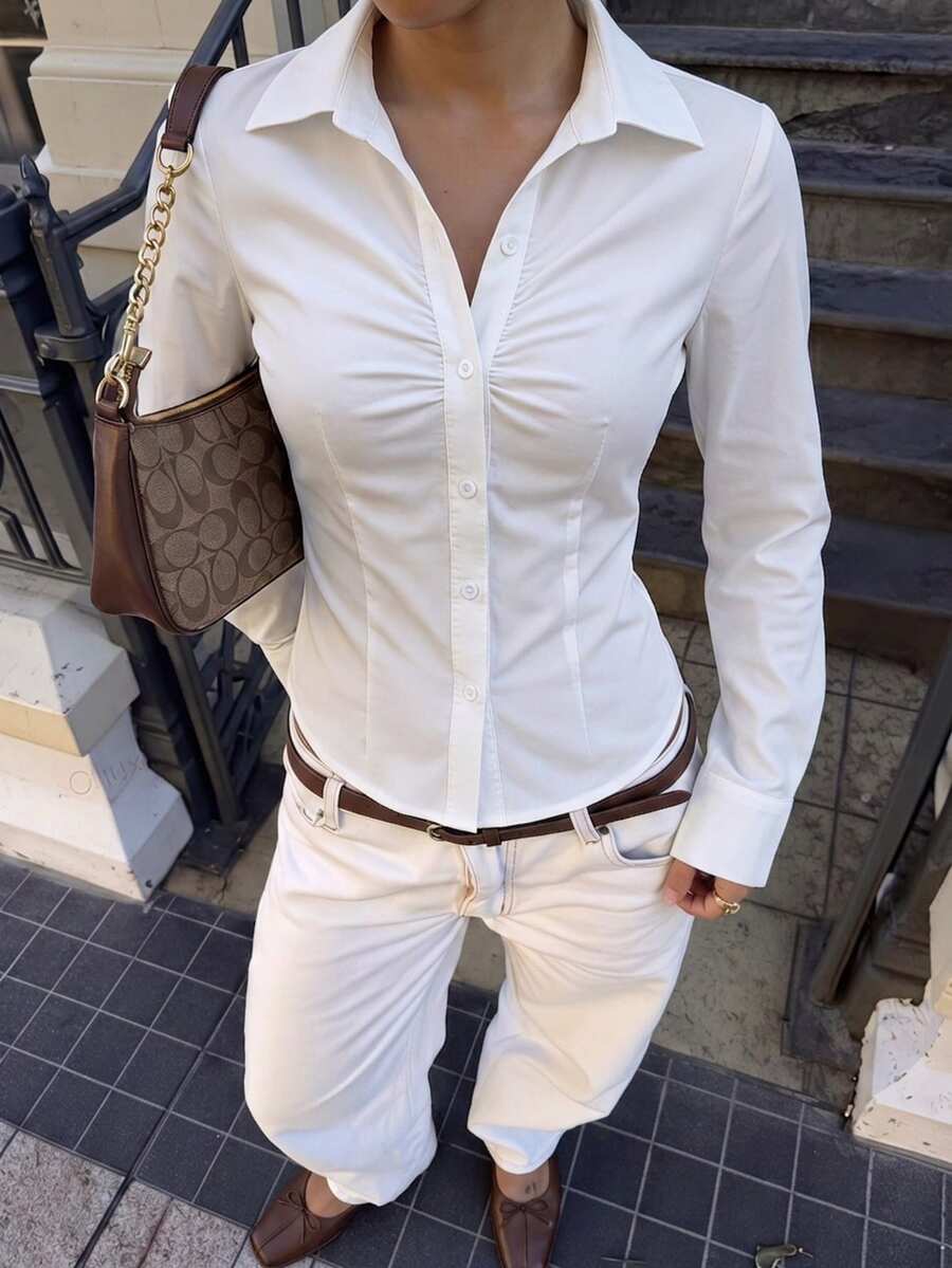 Serisse 女士白色羈扣襯衫,商務休閒辦公襯衫,純色褶襉長袖修身翻領襯衫,秋季優雅教師返校季 - 白色 - 查看 1