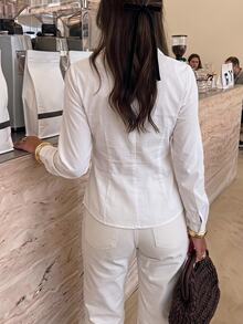 Serisse 女士白色羈扣襯衫，商務休閒辦公襯衫，純色褶襉長袖修身翻領襯衫，秋季優雅教師返校季 - 白色 - 查看 5