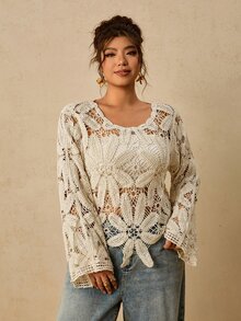 Travachic Plus Size Women's Round Neck Casual Versatile Daily Knit Top Winter - Beige - View 3