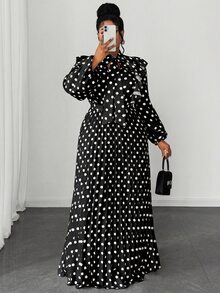Maweii 大码女士优雅浪漫精致法式波点婚礼宾客V领雪纺荷叶边泡泡袖收腰褶皱飘逸长裙 - 黑與白 - 查看 6