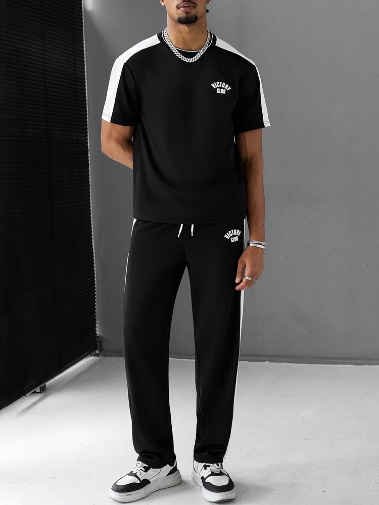 SLATEMANN Comfortable Solid Color Fabric Men's Hot-Selling Crew Neck Short Sleeve T-Shirt And Drawstring Elastic Waist Long Pants 2 Pieces Set, English Print, Casual Vacation, Friends Date, Ball Sports, Minimalist Office, Spring/Autumn Classic Hot-Selling Yamamoto Style Short Sleeve Long Pants Patchwork Set, Suitable For Self-Wear Or Gift To Friends - Black and White - View 8