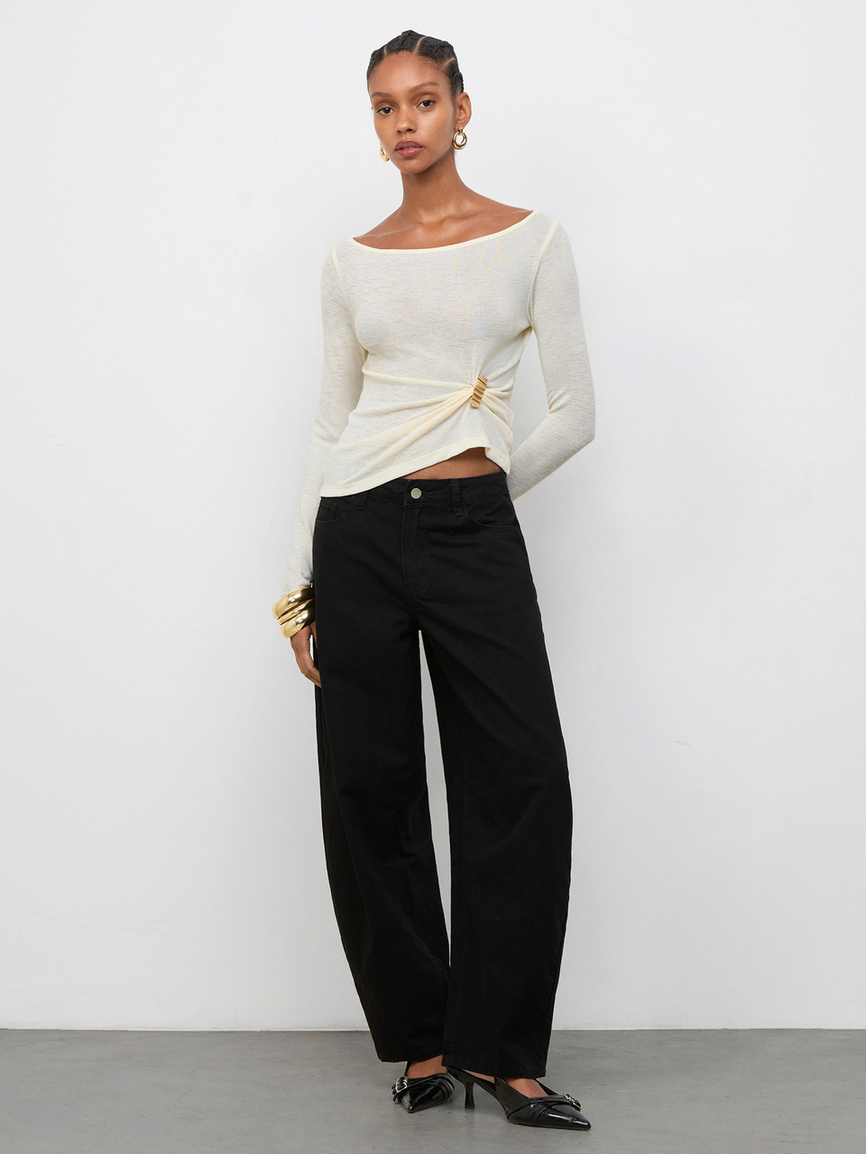 SHEIN Maija Women's Fashion Metal Buckle Decor Pleated Long Sleeve T-Shirt,Going Out Outfits, Work Outfits For Women,Fall Clothes