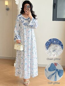 Al Najma Loose Fit White & Blue Butterfly Print Embellished Long Dress, Spring/Summer - Multicolor - View 5