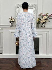 Al Najma Loose Fit White & Blue Butterfly Print Embellished Long Dress, Spring/Summer - Multicolor - View 3
