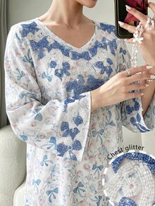Al Najma Loose Fit White & Blue Butterfly Print Embellished Long Dress, Spring/Summer - Multicolor - View 2