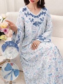 Al Najma Loose Fit White & Blue Butterfly Print Embellished Long Dress, Spring/Summer - Multicolor - View 10