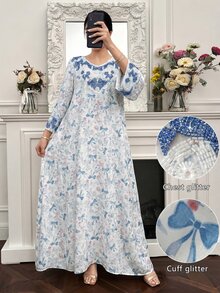 Al Najma Loose Fit White & Blue Butterfly Print Embellished Long Dress, Spring/Summer - Multicolor - View 7