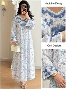 Al Najma Loose Fit White & Blue Butterfly Print Embellished Long Dress, Spring/Summer - Multicolor - View 8