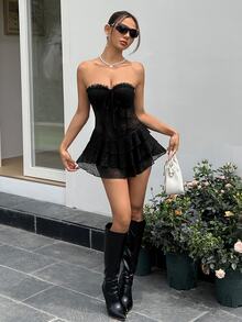 SHEIN ICON 胸墊荷葉邊褶皺蕾絲拼接層疊露背交叉帶連身裙 - 黑色 - 查看 1
