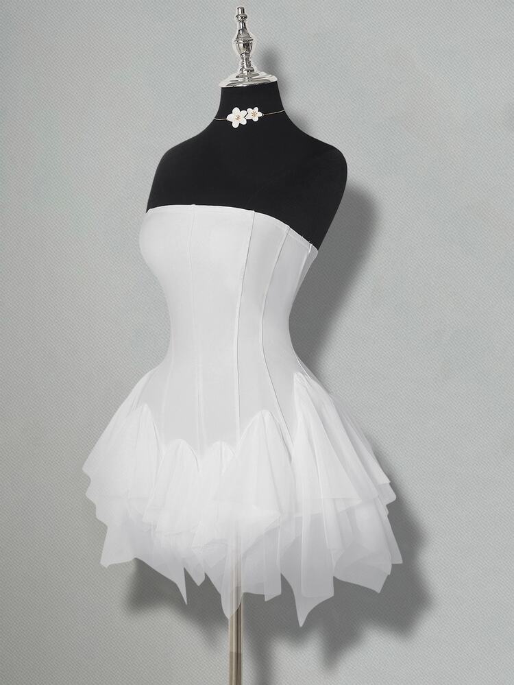 SHEIN ICON Women's Spring And Summer Elegant Sweet Ballet Style Dance Party Dress With Multi-Layer Asymmetrical Ruffle Stitching White Tube Top Panties Mini - White - View 7