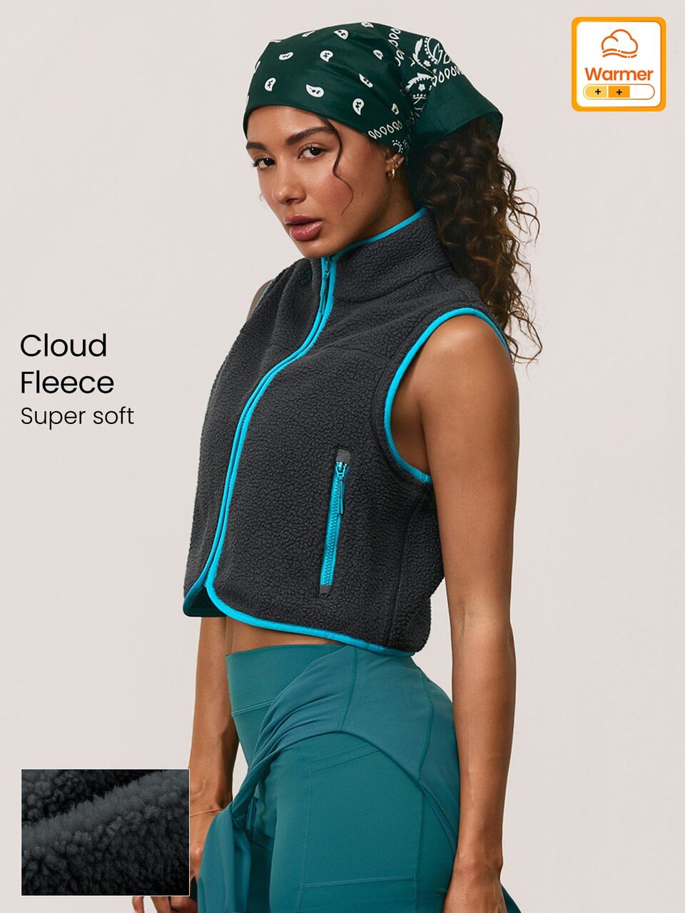 Cloud Fleece CozyFit Fitted Vest With Elastic Rib Trim & Reflective Zipper Pulls Outdoor Hiking Camping Walking Everyday Active Wear